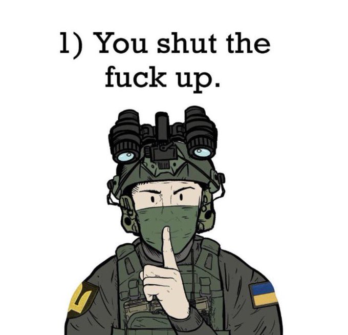 Das Bild zeigt einen ukrainischen Soldaten, der seinen Zeigfinger auf den Mund hält: Mund halten