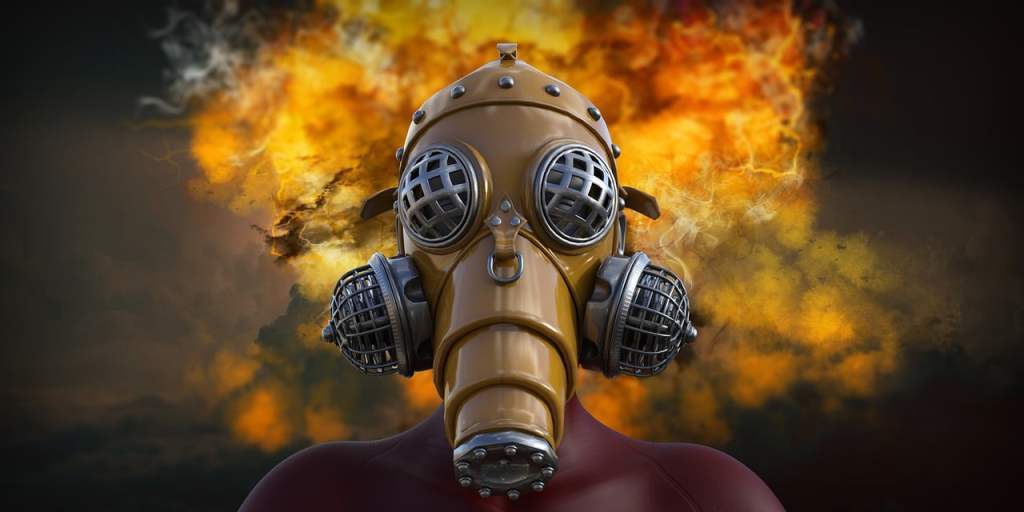 ABC-Schutzmaske vor dem Hintergrund von Flammen